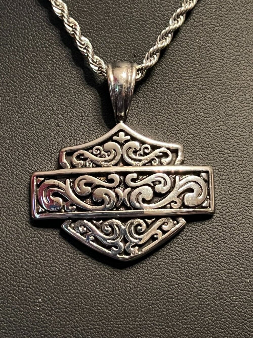 Stainless Steel Harley Bar & Shield Filigree Pendant Necklace (213)